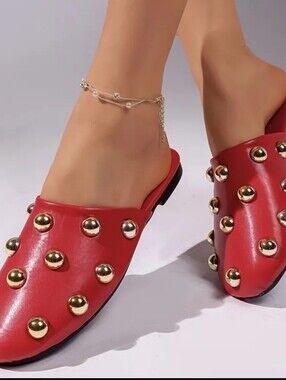 Red Studded Slide Mules - Women's Slip-On Fashion Flats